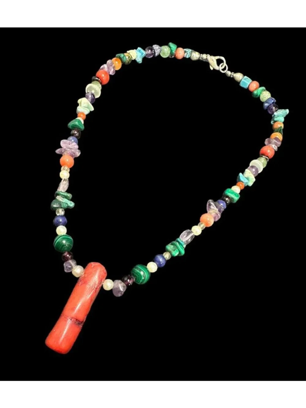 Southwestern Multi Gemstone Beaded Necklace 925 Clasp Coral Statement Pendant